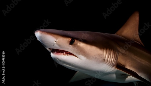 Close-up Photograph of a Shark Against a Black Background