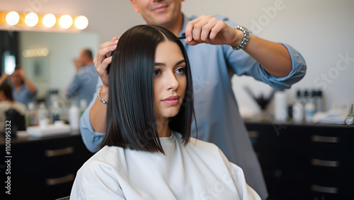 Hairdresser straightens client's hair