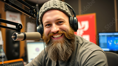 A cheerful radio broadcaster with a beard wearing a knitted hat and headphones, smiling at the camera in a music studio setting.