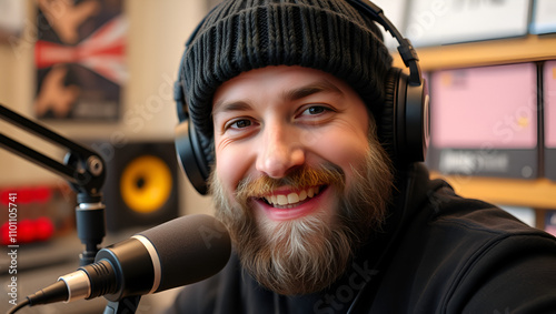 A cheerful radio broadcaster with a beard wearing a knitted hat and headphones, smiling at the camera in a music studio setting.