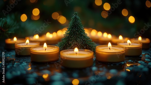 Warm tealight candles arranged in a tree shape on a dark backdrop create a cozy atmosphere with glowing lights and festive ambiance.