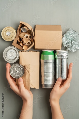 Hands Sorting Recyclable Materials on Neutral Background