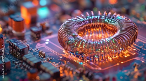 The toroidal core inductor is placed on the PCB, wrapped with neatly rolled copper wire background wallpaper AI generated image