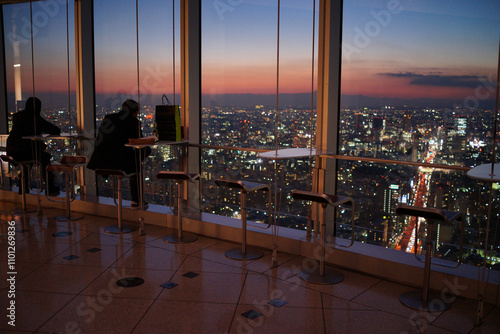 展望台から夜景を眺める人