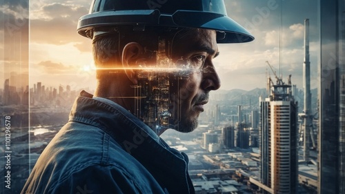 Engineer contemplating future with cityscape double exposure