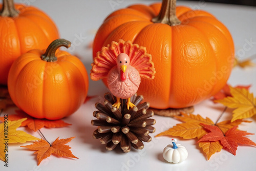 Turkey figurine with pumpkins leaves autumnal dec