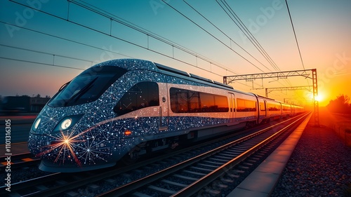 A sleek, futuristic train adorned with constellations streaks across the landscape, symbolizing the rapid advancement of technology and the future of transportation.