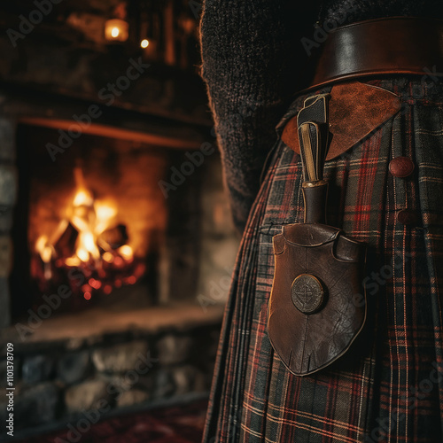 Close-up of Scottish kilt with dirk by a cozy fireplace