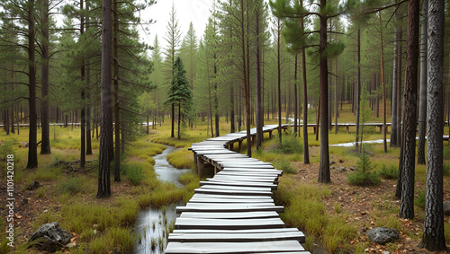 wooden walkway in a nature reserve in a spruce forest in the mountains over a waterlogged peat bog, gray solid wood across 1m wide turns zigzagging between trees hiking trail