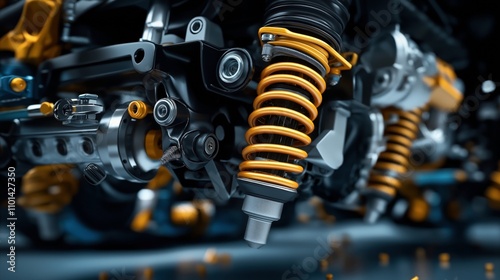 Close-up of motorcycle suspension system with detailed view of shock absorbers and mechanical components in focus