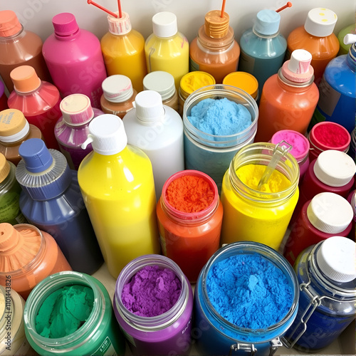 Colourful powder paint stored in various bottles and jars, ready for creative use.