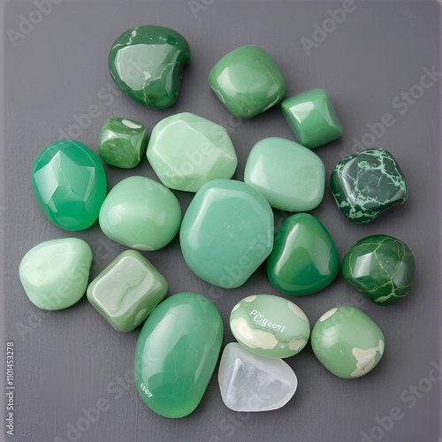 set of various unpolished green stones with names