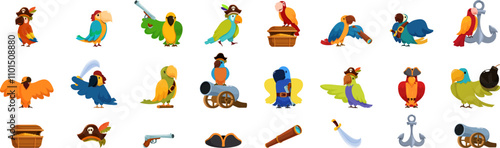 Pirate parrot icons set. Colorful parrots embodying pirate themes, engaging in various activities and holding pirate related objects