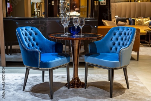 Blue velvet chairs, round table, wine glasses.