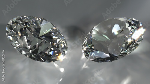 Photorealistic comparison of IOR (Index of Refraction) and Abbe number of two identically shaped round brilliant cut diamonds and crown glass, simulated by 3D rendering on a reflective grey table