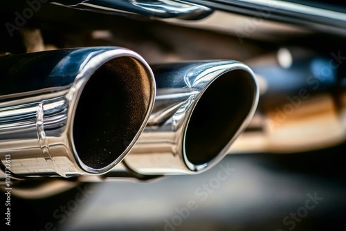 Custom exhaust system with dual tips revving with a deep throaty sound.