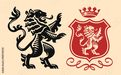 Heraldic lion standing on its hind legs with open mouth, emblem. Royal coat of arms, banner flag with crown