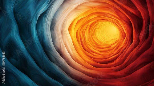 The image shows an abstract swirling tunnel of color, transitioning from cool teal blues on the left to warm oranges and reds on the right, culminating in a bright, glowing center.