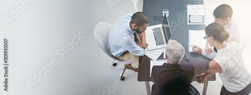 Business people, collaboration and working with laptop, online planning and meeting in office. Mockup, banner and space with professional team of public relations staff with discussion from above