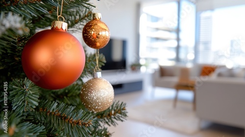 Vibrant orange and gold ornaments adorn a Christmas tree, beautifully capturing the holiday spirit in a cozy, modern living room setting with city views outside.