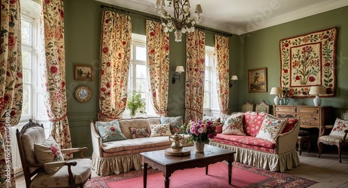 Russian dacha inspired spaces with floral patterned curtains embroidered textiles and antique wooden furniture