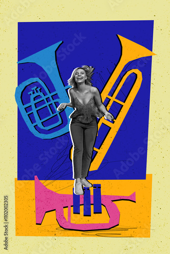 Vertical photo collage of happy girl saxophonist dance concert music performance relax vibe entertainment isolated on painted background