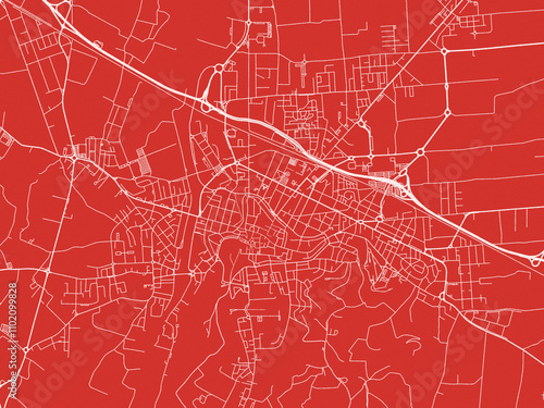 Christmas Map of Cesena, Italy in Snowy White on Festive Red Background.