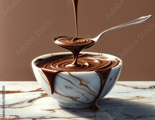 Liquid chocolate pouring from a spoon into a marble bowl on a silky background 