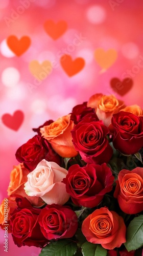 Vibrant bouquet of red, orange, and pink roses against a soft pink background with floating heart shapes, perfect for Valentine's Day or romantic occasions.