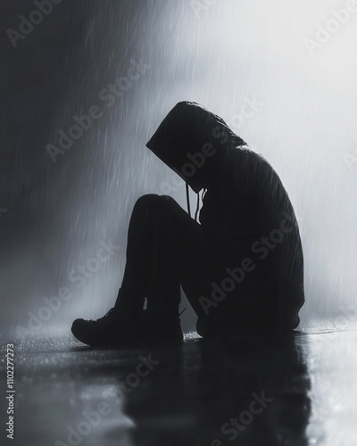 A somber mood portrayed by a person sitting alone in the rain