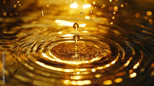 Close-up of a water droplet creating ripples in golden light, evoking tranquility and elegance with a bokeh effect in the background. AI generated.