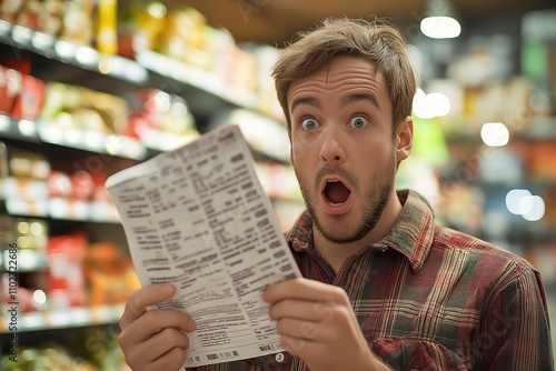 Shocked man in grocery store examines receipt, surprised by unexpected total after shopping