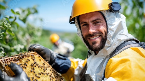 A joyful beekeeper in protective gear proudly displays a hive frame full of buzzing bees, showcasing his dedication to sustainable beekeeping practices.