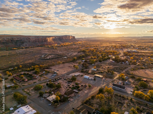 Bluff, southern Utah, amazing panorama of a small rural village, gateway to the Monument Valley. Autumn colors, long shadows 