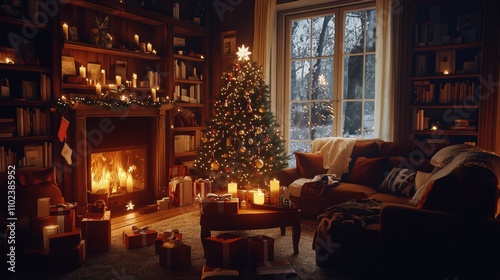 A traditional Christmas tree with a wrapped present and holly wreath, illuminated by warm candlelight at night, is shown candidly.