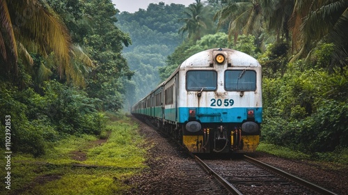 Indian train numbered 2059 traveling through lush green tropical landscape