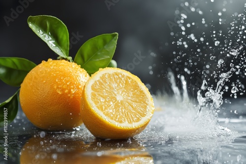 A whole and half-sliced juicy orange, with prominent water droplets, creates an inviting and fresh atmosphere as it splashes on a reflective surface.