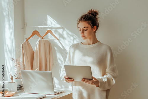 A woman holding up on hangers next to her laptop in front of a white wall. A minimalist home office with a modern desk and computer setup.