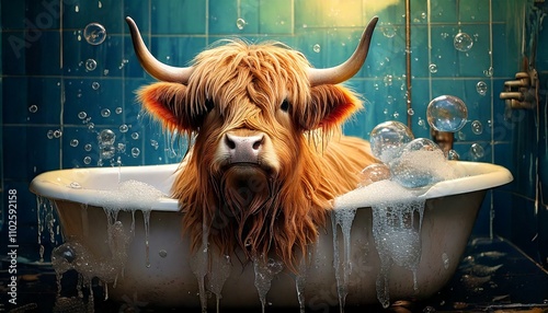 Highland cow in a bathtub, graffiti art style, bubbles, soap suds