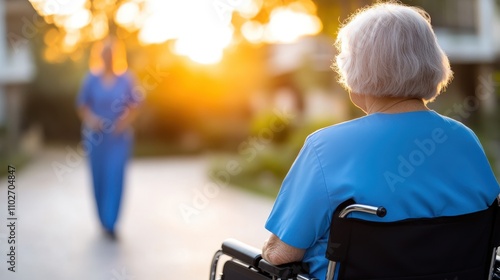 An elder in a wheelchair watches an aide walking towards them in a sunlit pathway, suggesting the themes of assistance, companionship, and hope in old age.