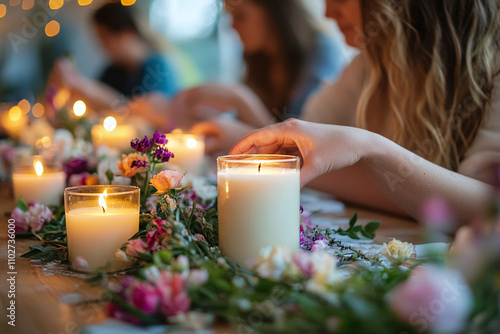 A group of people attending a candle-making workshop, each working on their own floral-infused candle.