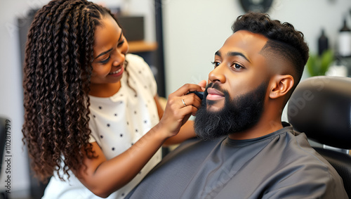 an African-American hairdresser girl straightens her beard with her hands to a male client sitting in an armchair.