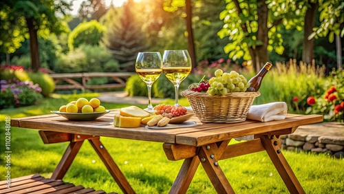 Picnic table with wine glass and snacks set up on a sunny outdoor patio, picnic, table, wine glass, snacks, outdoor, patio