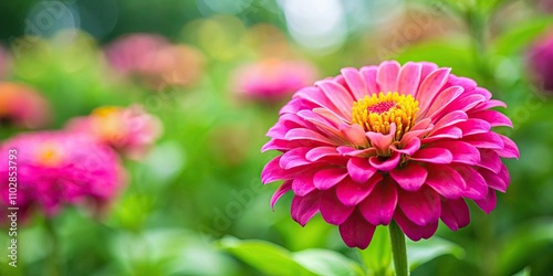 Vibrant pink Zinnia lilliput garden flower with lush green foliage in blurred background , Zinnia