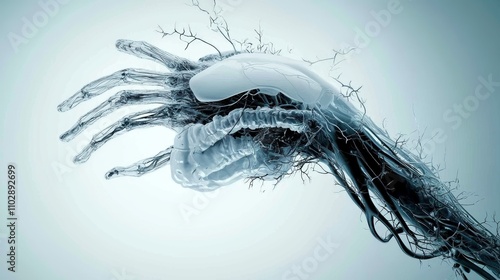 A futuristic hand merging organic and technological elements, symbolizing innovation.