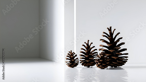 several, cones, clean, white, background, creates, contrast, will, accent, attention, texture, shape, brown, close-up, nature, plant, tree, pine, cone, decoration, xmas, christmas, object, design, hol