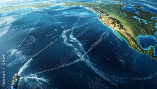 Aerial view of map with marked routes across ocean, illustrating potential smuggling paths. image shows ships navigating these routes, highlighting complexity of maritime logistics