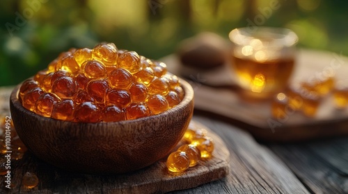 Natural polysaccharide gums in a wooden bowl showcasing their vibrant golden color against a blurred green background.