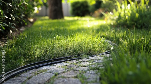 Electric cable hub partially buried in lush green grass alongside cobblestone pathway in a well-lit garden setting.