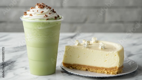 Iced green tea frappuccino in a takeaway cup with whipped cream, paired with a creamy cheesecake slice on a polished marble surface.